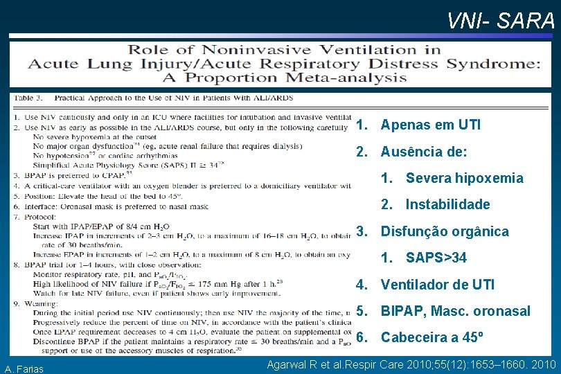 VNI- SARA 1. Apenas em UTI 2. Ausência de: 1. Severa hipoxemia 2. Instabilidade