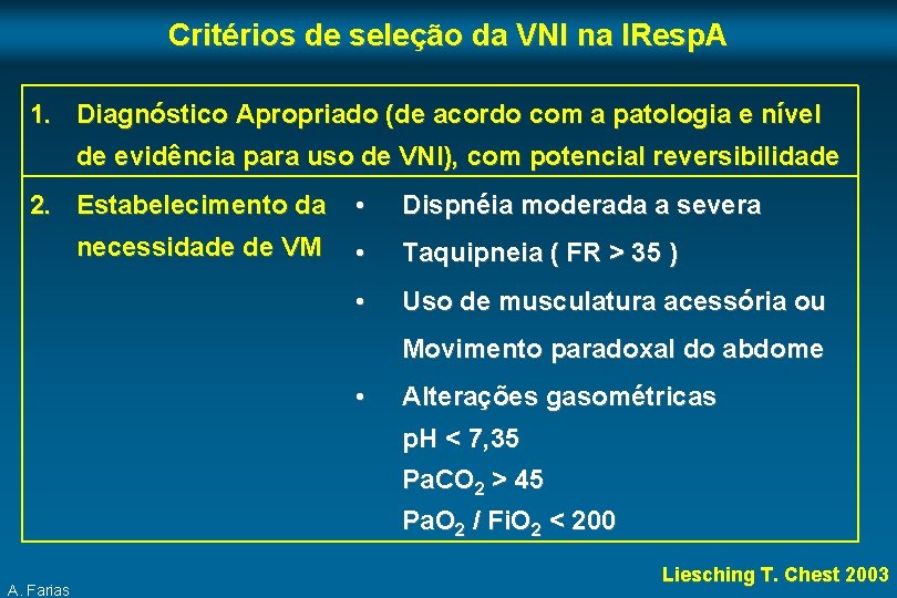 Critérios de seleção da VNI na IResp. A 1. Diagnóstico Apropriado (de acordo com
