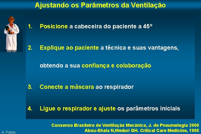 Ajustando os Parâmetros da Ventilação 1. Posicione a cabeceira do paciente a 45º 2.