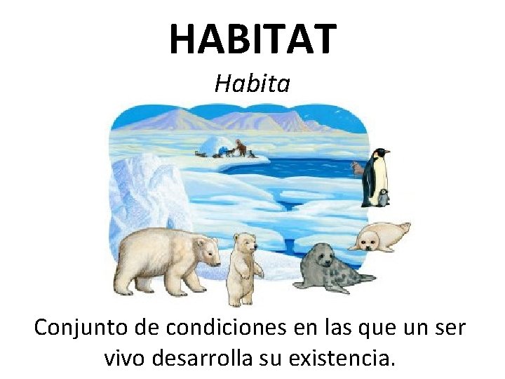 HABITAT Habita Conjunto de condiciones en las que un ser vivo desarrolla su existencia.