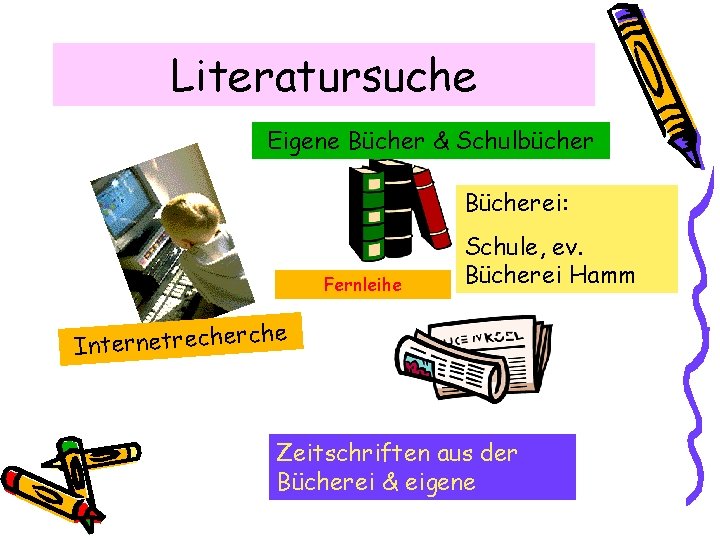 Literatursuche Eigene Bücher & Schulbücher Bücherei: Fernleihe Schule, ev. Bücherei Hamm che Internetrecher Zeitschriften