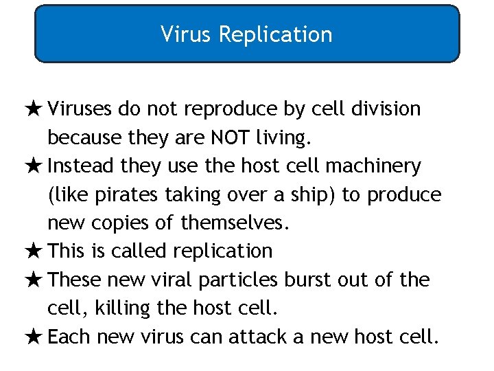 Virus Replication ★ Viruses do not reproduce by cell division because they are NOT