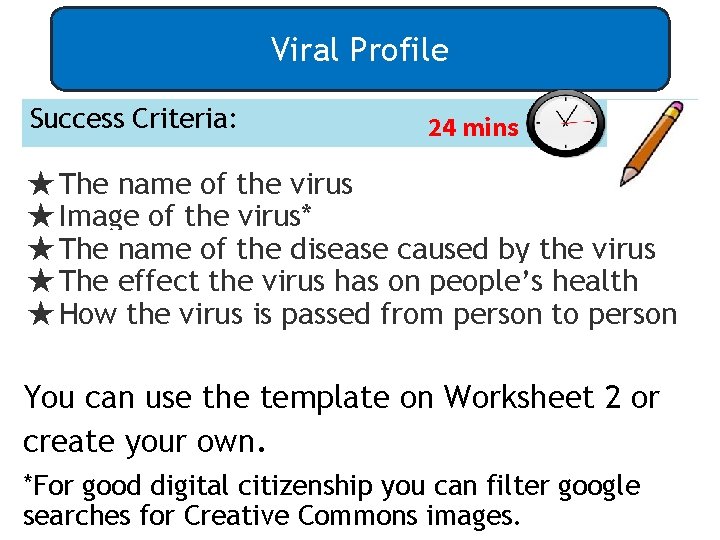 Viral Profile Success Criteria: 24 mins ★The name of the virus ★Image of the