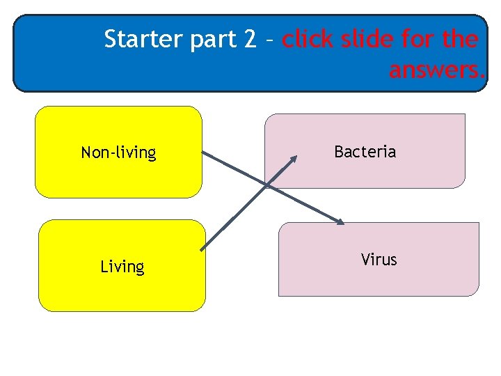 Starter part 2 – click slide for the answers. Non-living Living Bacteria Virus 