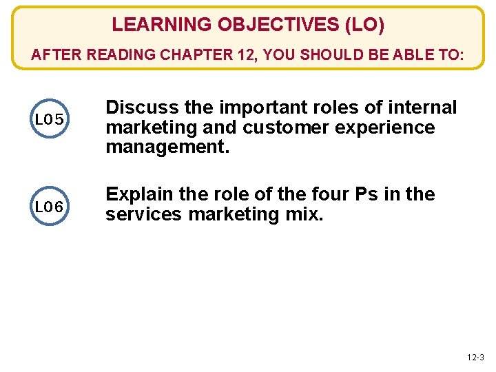 LEARNING OBJECTIVES (LO) AFTER READING CHAPTER 12, YOU SHOULD BE ABLE TO: LO 5
