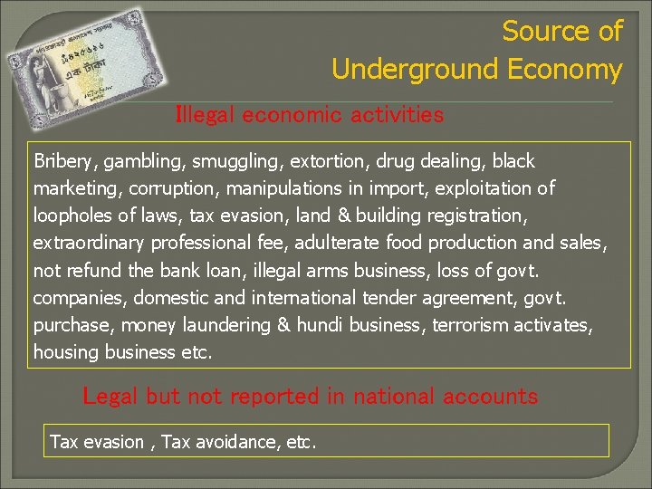 Source of Underground Economy Illegal economic activities Bribery, gambling, smuggling, extortion, drug dealing, black