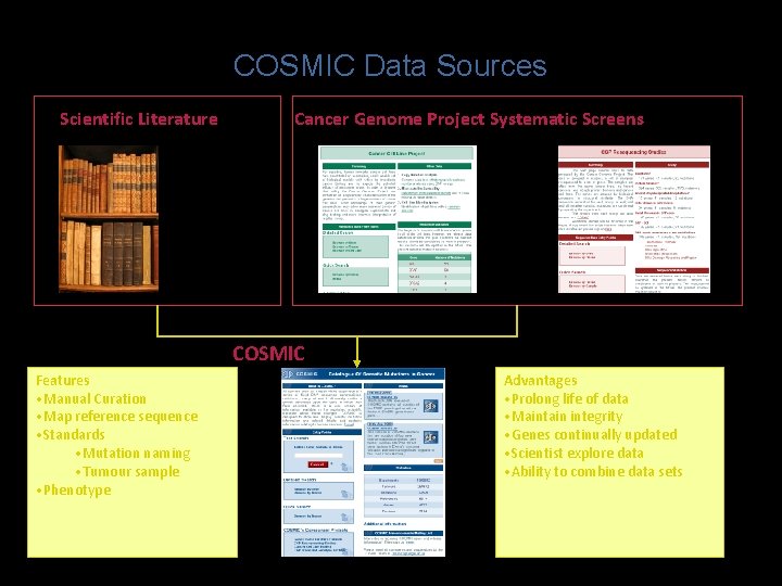 COSMIC Data Sources Scientific Literature Cancer Genome Project Systematic Screens COSMIC Features • Manual