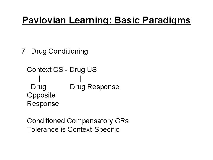 Pavlovian Learning: Basic Paradigms 7. Drug Conditioning Context CS - Drug US | |