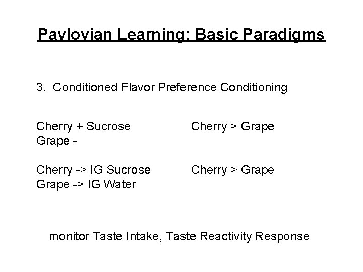 Pavlovian Learning: Basic Paradigms 3. Conditioned Flavor Preference Conditioning Cherry + Sucrose Grape -