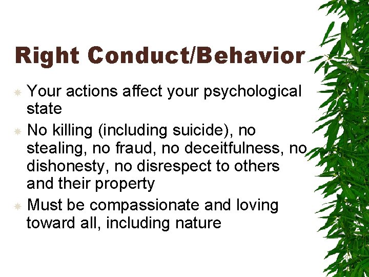 Right Conduct/Behavior Your actions affect your psychological state No killing (including suicide), no stealing,