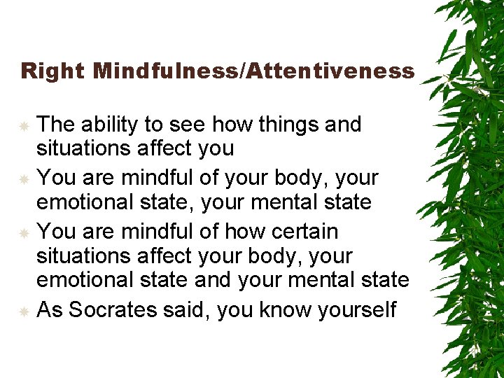 Right Mindfulness/Attentiveness The ability to see how things and situations affect you You are