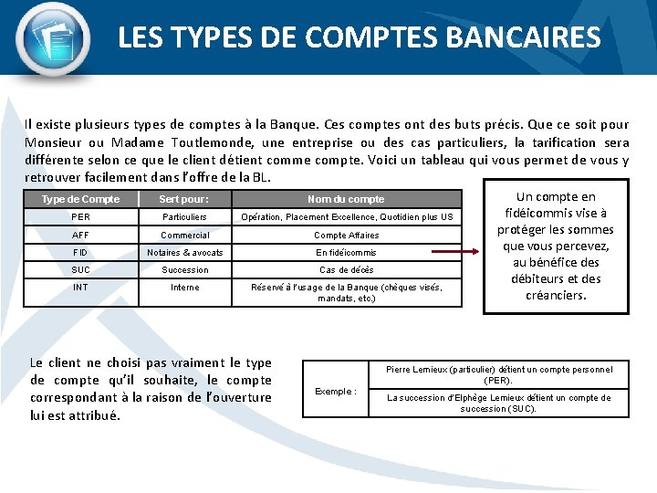 LES TYPES DE COMPTES BANCAIRES Il existe plusieurs types de comptes à la Banque.