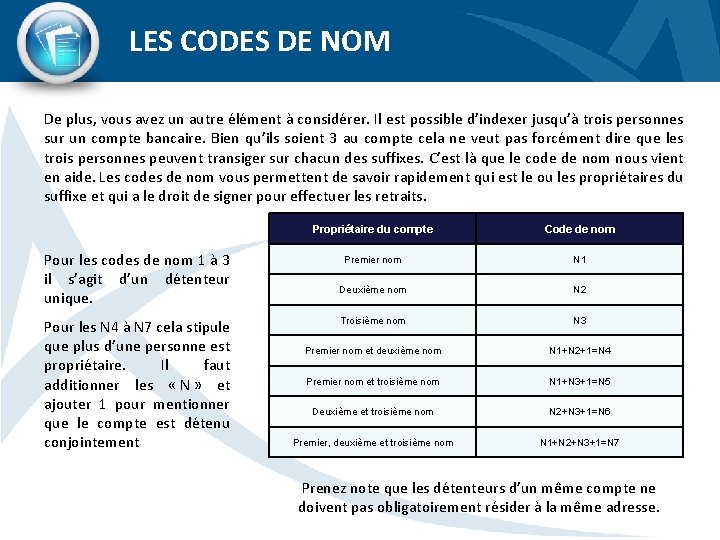 LES CODES DE NOM De plus, vous avez un autre élément à considérer. Il