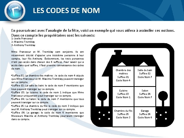 LES CODES DE NOM En poursuivant avec l’analogie de la fête, voici un exemple