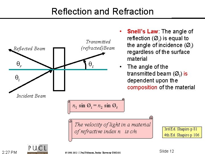 Reflection and Refraction Reflected Beam r i • Snell’s Law: The angle of reflection