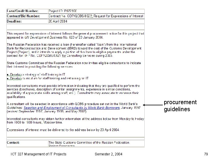 procurement guidelines ICT 327 Management of IT Projects Semester 2, 2004 79 