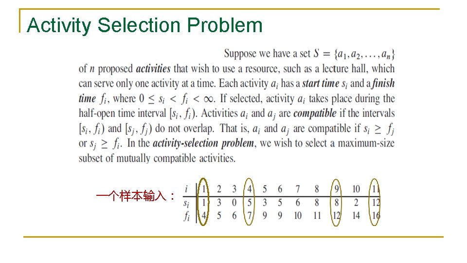 Activity Selection Problem 一个样本输入： 