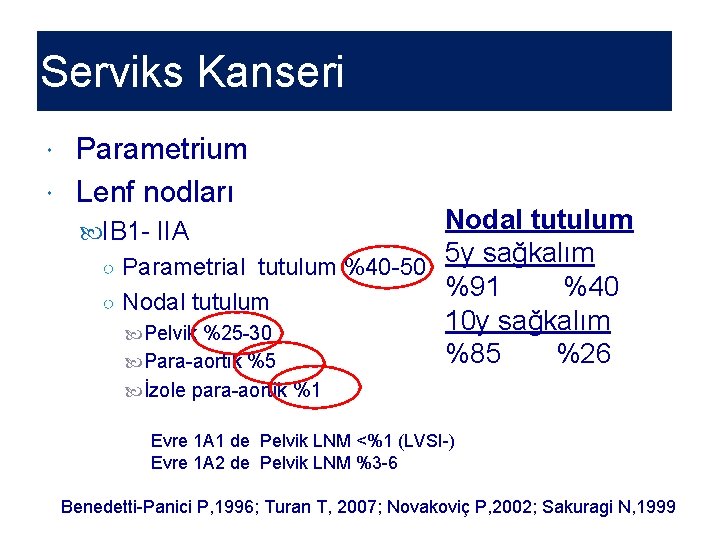 Serviks Kanseri Parametrium Lenf nodları Nodal tutulum IB 1 - IIA 5 y sağkalım