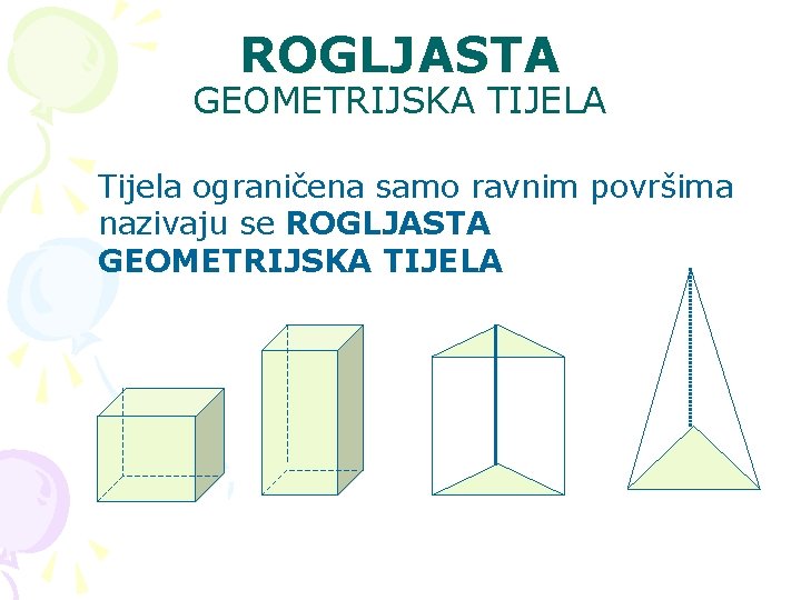 ROGLJASTA GEOMETRIJSKA TIJELA Tijela ograničena samo ravnim površima nazivaju se ROGLJASTA GEOMETRIJSKA TIJELA 