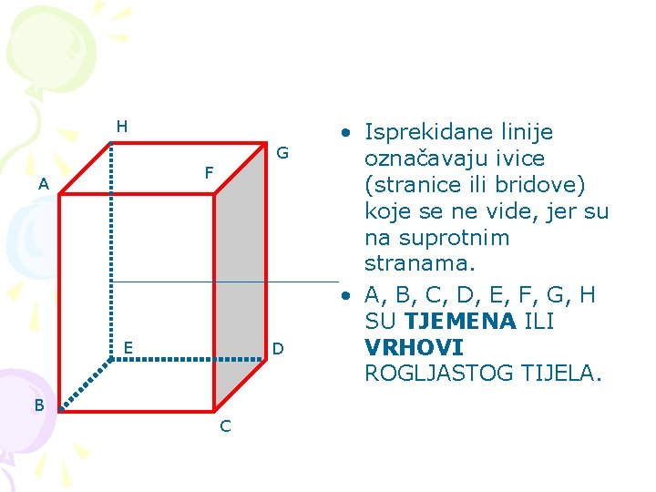 H G F A E D B C • Isprekidane linije označavaju ivice (stranice