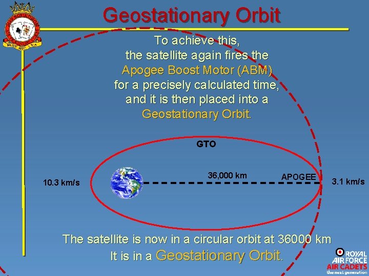 Geostationary Orbit To achieve this, the satellite again fires the Apogee Boost Motor (ABM)