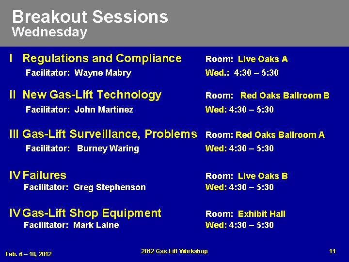 Breakout Sessions Wednesday I Regulations and Compliance Facilitator: Wayne Mabry Room: Live Oaks A