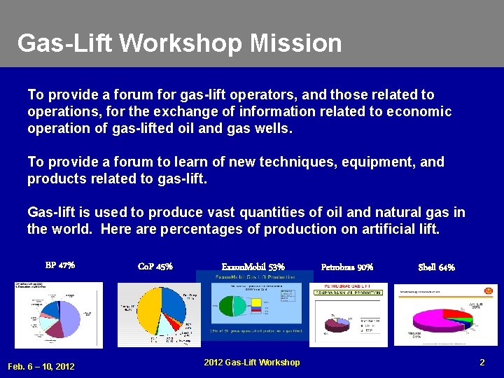 Gas-Lift Workshop Mission To provide a forum for gas-lift operators, and those related to