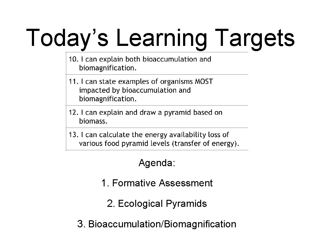 Today’s Learning Targets Agenda: 1. Formative Assessment 2. Ecological Pyramids 3. Bioaccumulation/Biomagnification 