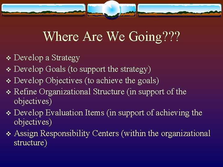Where Are We Going? ? ? Develop a Strategy v Develop Goals (to support