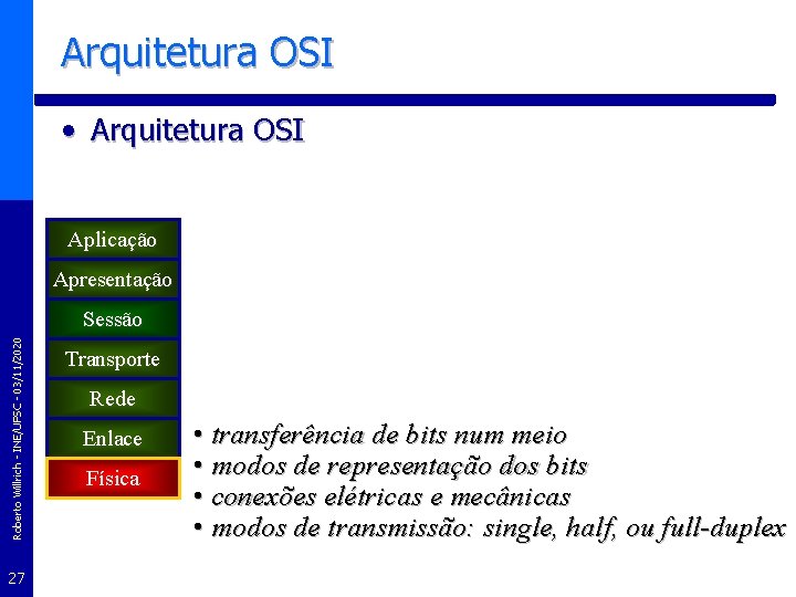 Arquitetura OSI • Arquitetura OSI Aplicação Apresentação Roberto Willrich - INE/UFSC - 03/11/2020 Sessão