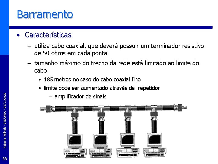 Barramento • Características – utiliza cabo coaxial, que deverá possuir um terminador resistivo de