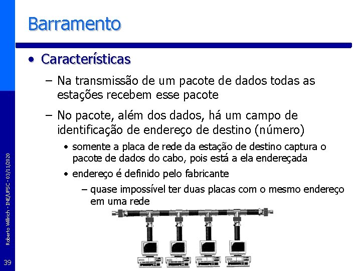 Barramento • Características – Na transmissão de um pacote de dados todas as estações