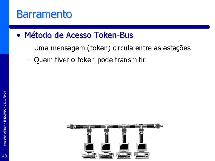 Barramento • Método de Acesso Token-Bus – Uma mensagem (token) circula entre as estações