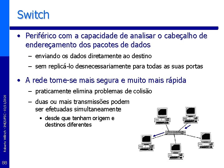 Switch • Periférico com a capacidade de analisar o cabeçalho de endereçamento dos pacotes