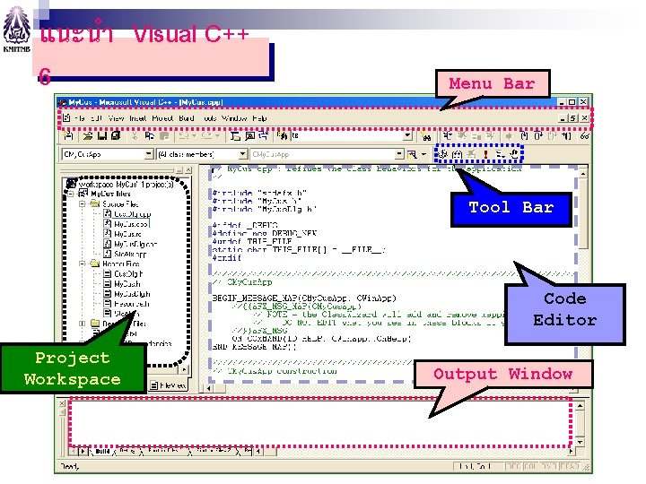 แนะนำ Visual C++ 6 Menu Bar Tool Bar Code Editor Project Workspace Output Window