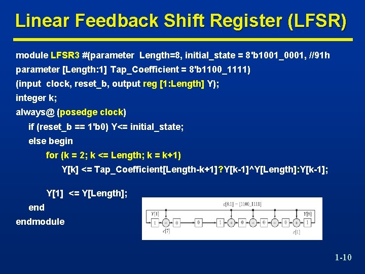 Linear Feedback Shift Register (LFSR) module LFSR 3 #(parameter Length=8, initial_state = 8'b 1001_0001,