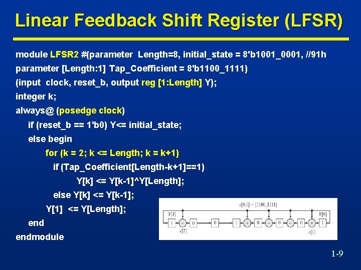 Linear Feedback Shift Register (LFSR) module LFSR 2 #(parameter Length=8, initial_state = 8'b 1001_0001,