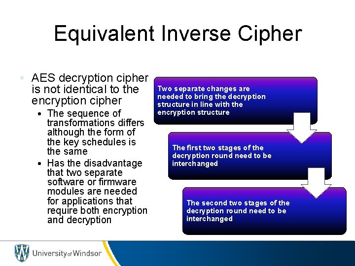 Equivalent Inverse Cipher • AES decryption cipher is not identical to the encryption cipher