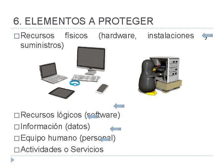 6. ELEMENTOS A PROTEGER � Recursos físicos (hardware, suministros) � Recursos lógicos (software) �