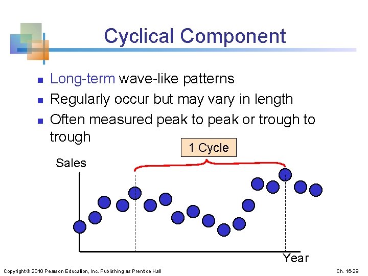 Cyclical Component n n n Long-term wave-like patterns Regularly occur but may vary in