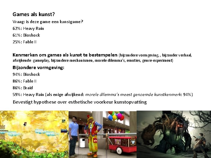 Games als kunst? Vraag: is deze game een kunstgame? 62%: Heavy Rain 61%: Bioshock