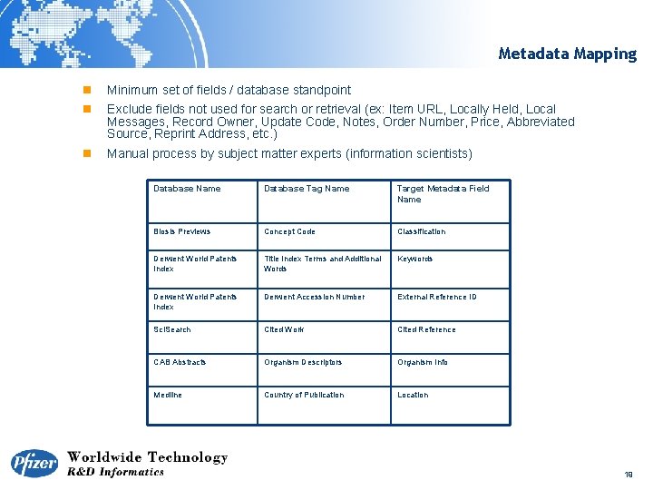 Metadata Mapping n Minimum set of fields / database standpoint n Exclude fields not