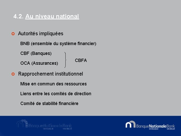 4. 2. Au niveau national ¢ Autorités impliquées BNB (ensemble du système financier) CBF