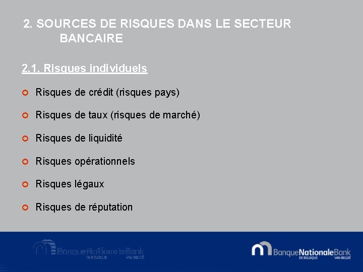 2. SOURCES DE RISQUES DANS LE SECTEUR BANCAIRE 2. 1. Risques individuels ¢ Risques