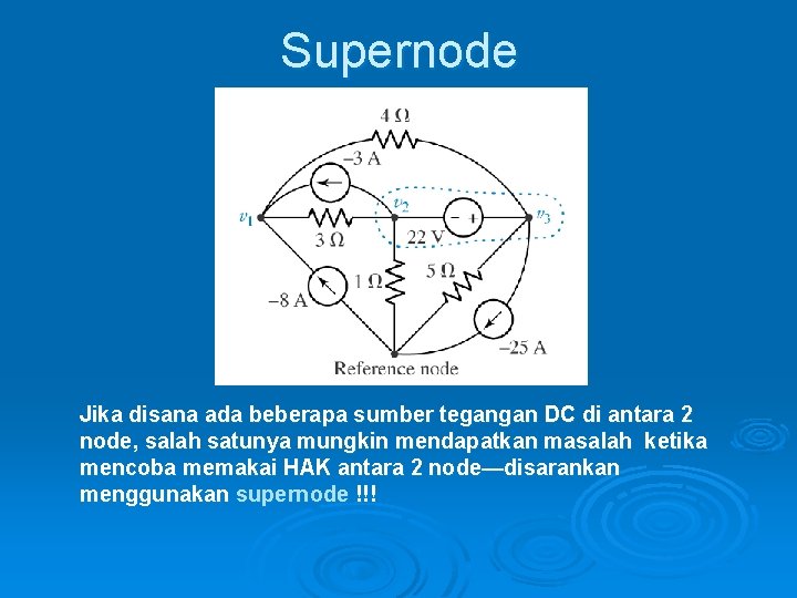 Supernode Jika disana ada beberapa sumber tegangan DC di antara 2 node, salah satunya