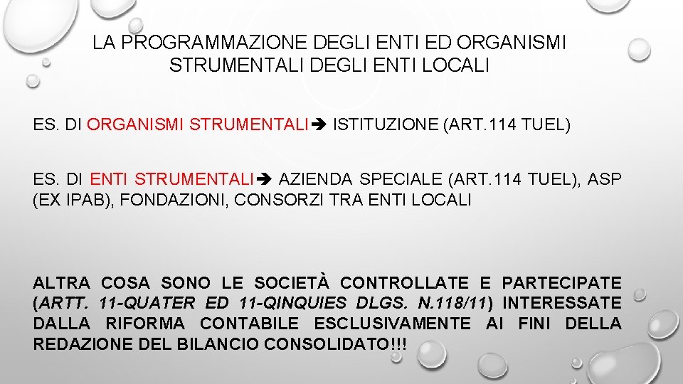 LA PROGRAMMAZIONE DEGLI ENTI ED ORGANISMI STRUMENTALI DEGLI ENTI LOCALI ES. DI ORGANISMI STRUMENTALI