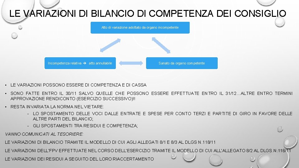 LE VARIAZIONI DI BILANCIO DI COMPETENZA DEI CONSIGLIO Atto di variazione adottato da organo