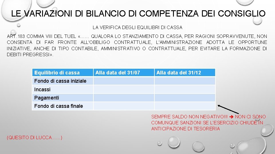 LE VARIAZIONI DI BILANCIO DI COMPETENZA DEI CONSIGLIO LA VERIFICA DEGLI EQUILIBRI DI CASSA