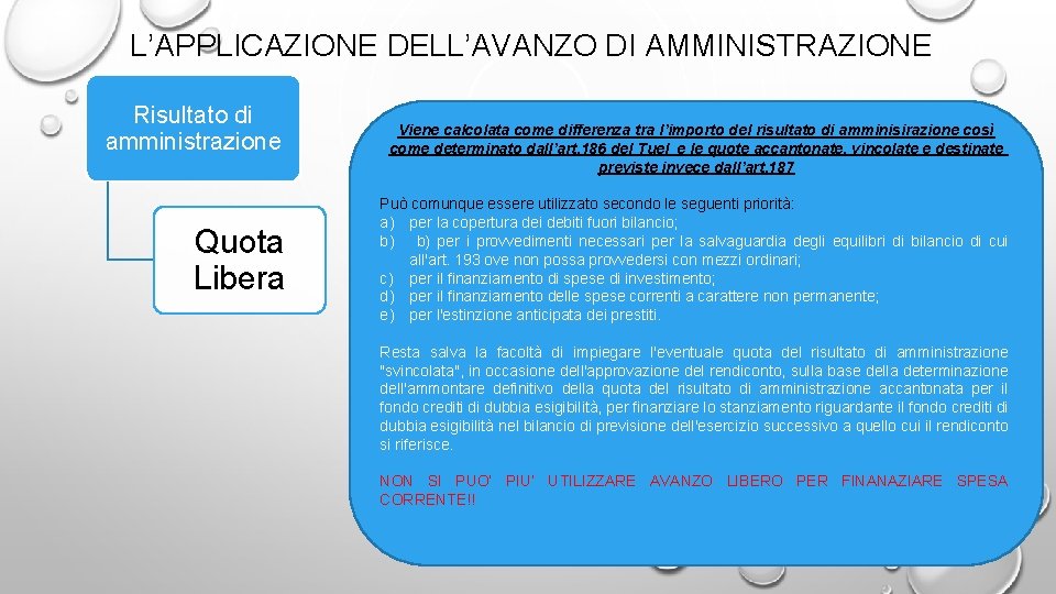 L’APPLICAZIONE DELL’AVANZO DI AMMINISTRAZIONE Risultato di amministrazione Quota Libera Viene calcolata come differenza tra