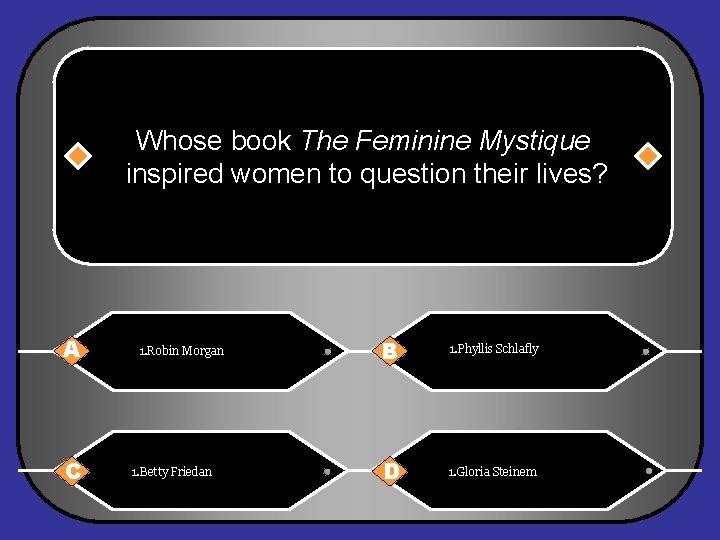 Whose book The Feminine Mystique inspired women to question their lives? A C 1.